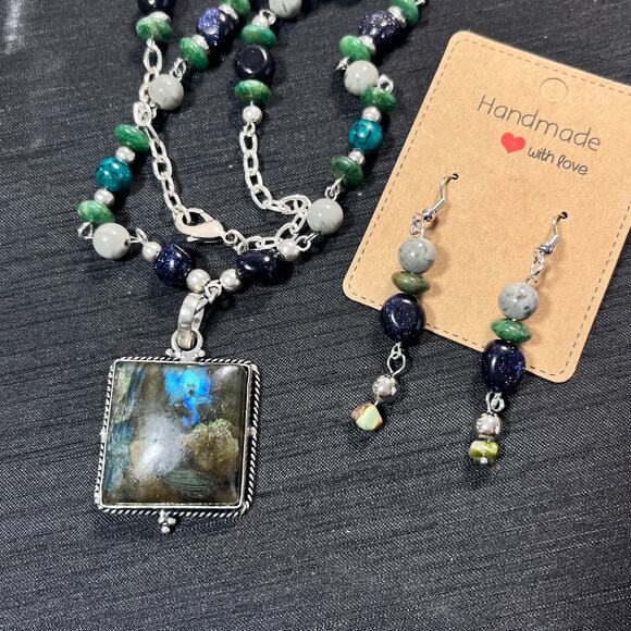 Handmade Laborite Cabochon Blue Gold Stone Jade Necklace & Earrings 20 inches - Picture 2 of 3